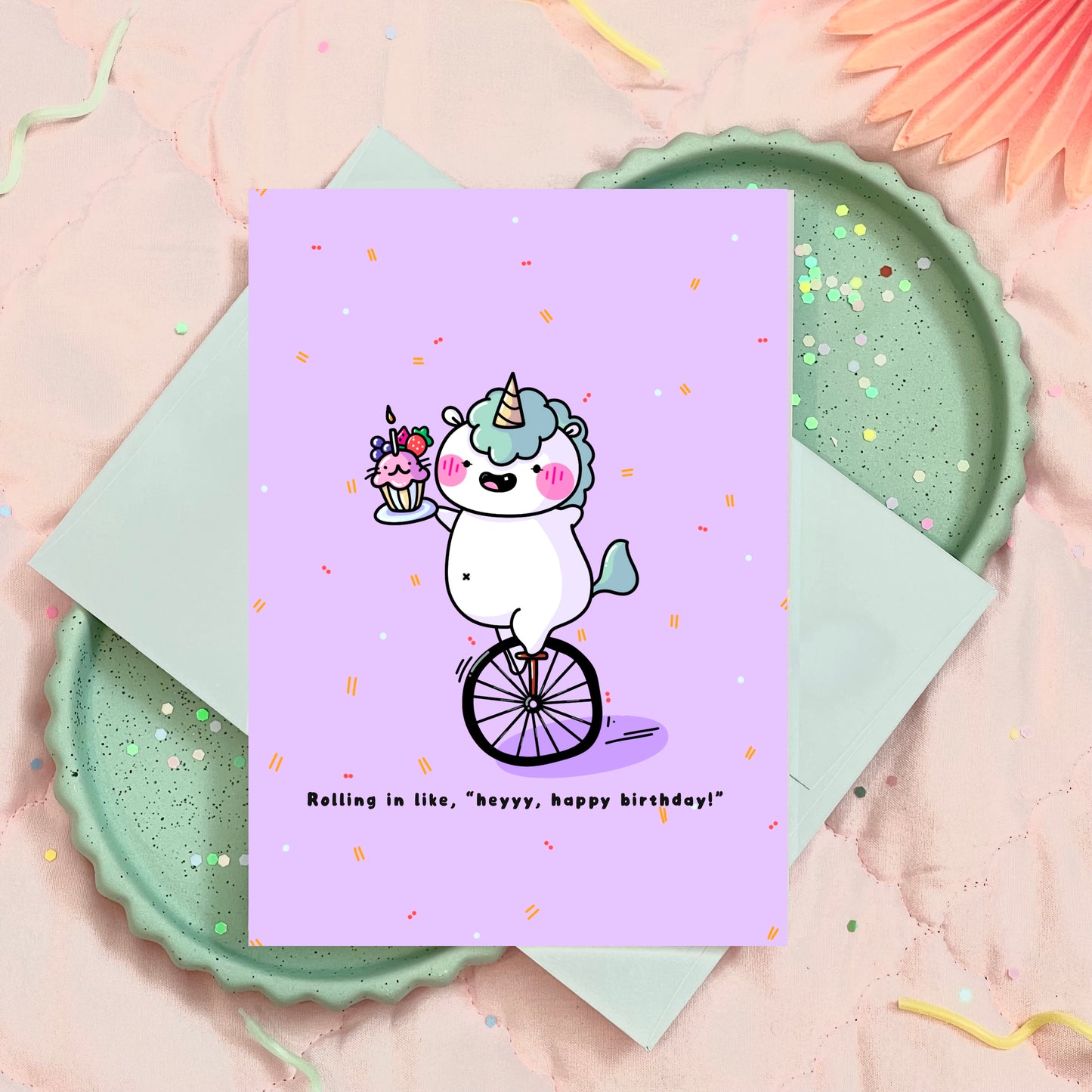 Unicycle Unicorn Happy Birthday Celebration Greeting Card for him/her/them